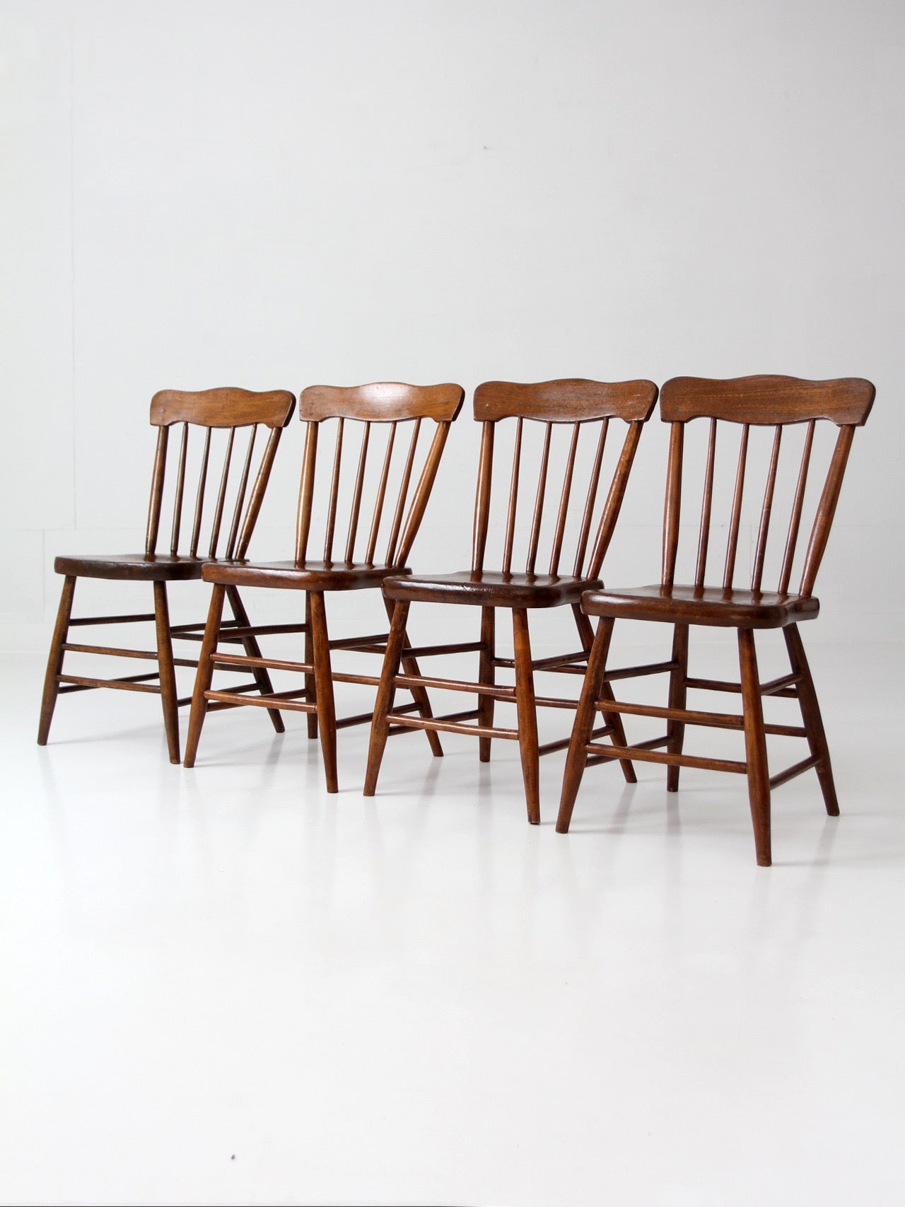 set of 4 antique plank seat farmhouse Windsor chairs