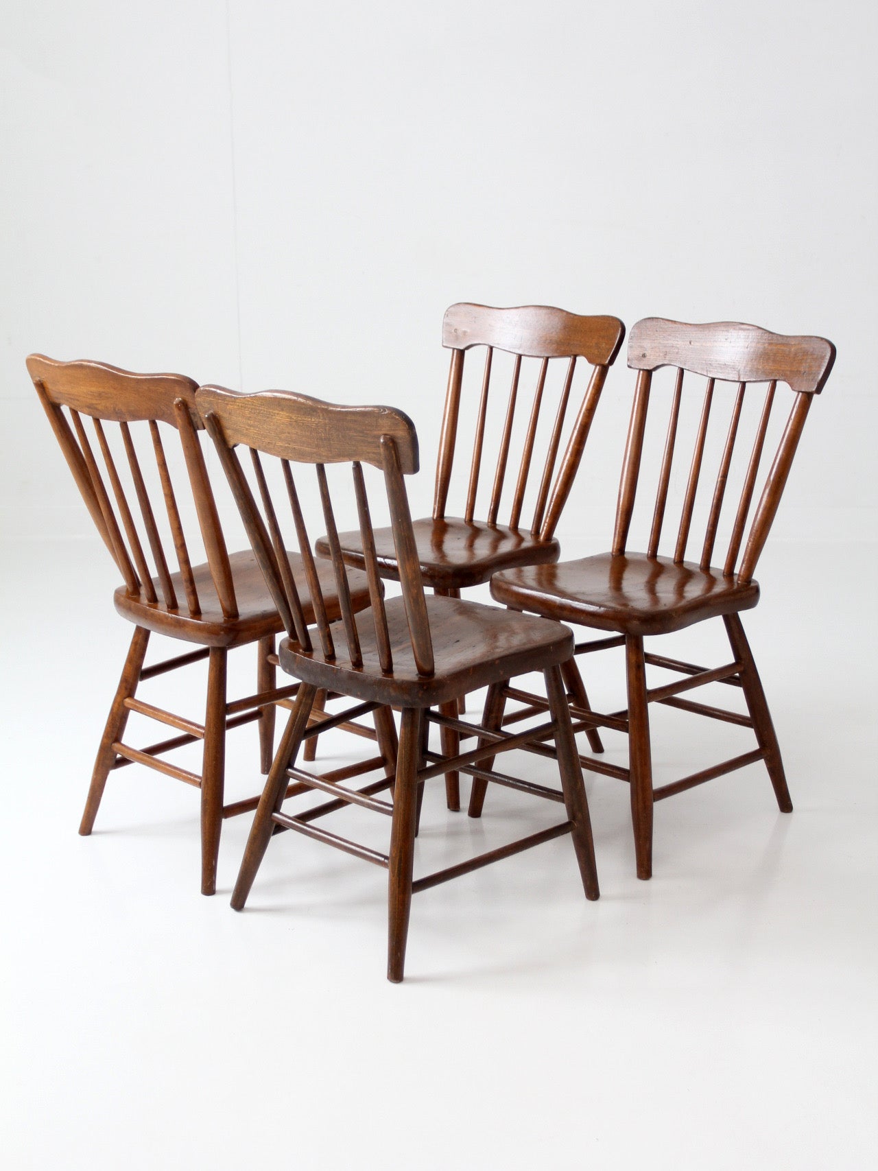 set of 4 antique plank seat farmhouse Windsor chairs