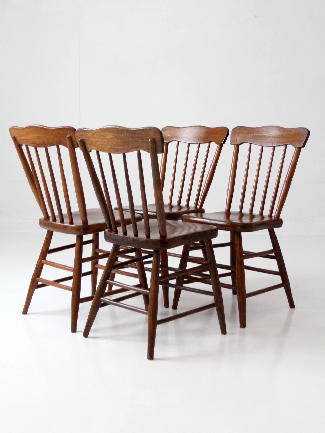 set of 4 antique plank seat farmhouse Windsor chairs