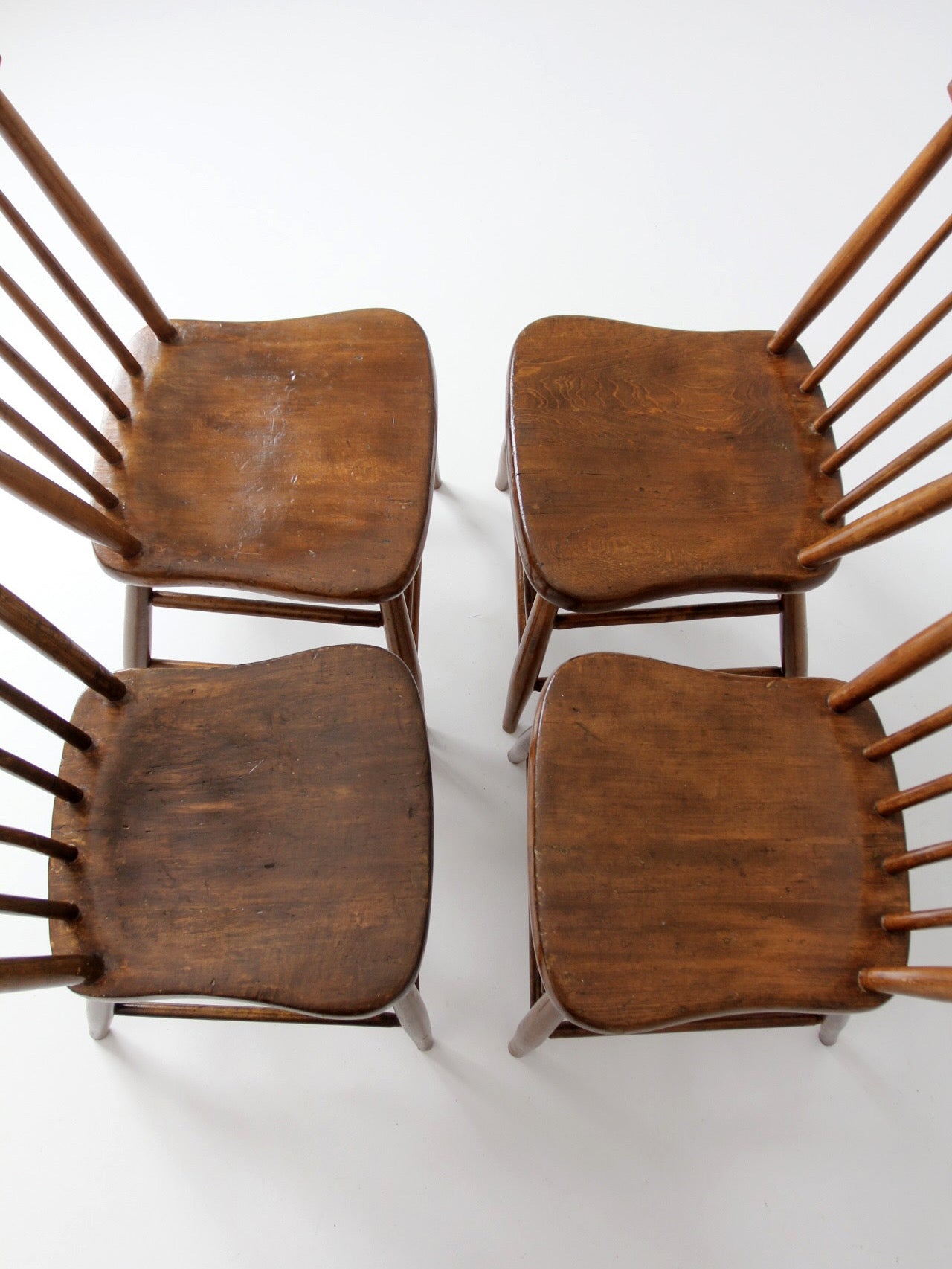 set of 4 antique plank seat farmhouse Windsor chairs
