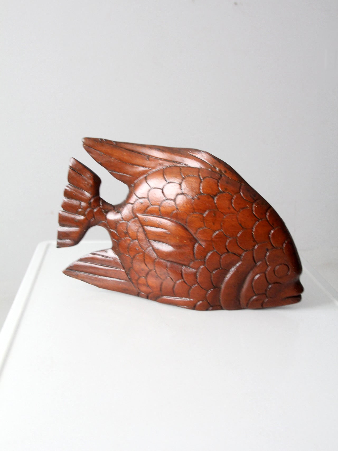 bulgarian wood carving box fish On Base The Artist Strategically Carved This Piece To Show Movement. mid century hand carved wooden