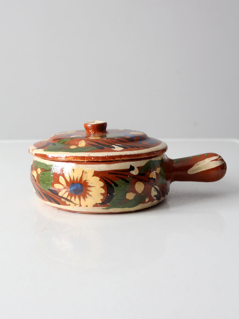 vintage Mexican redware covered bowl with handle