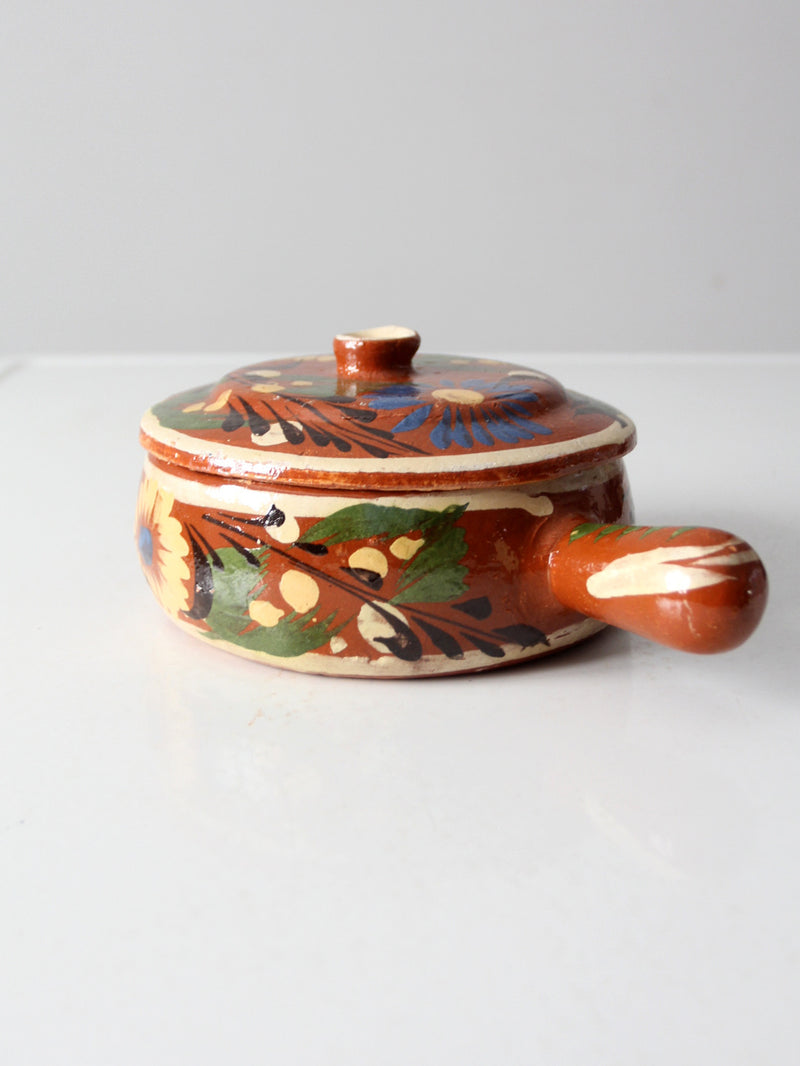 vintage Mexican redware covered bowl with handle