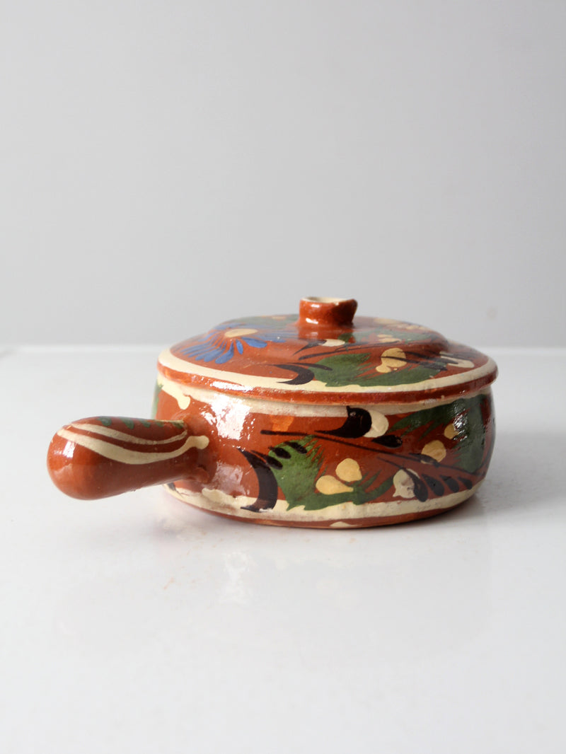 vintage Mexican redware covered bowl with handle