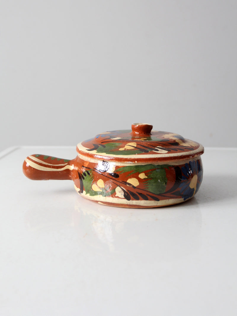 vintage Mexican redware covered bowl with handle