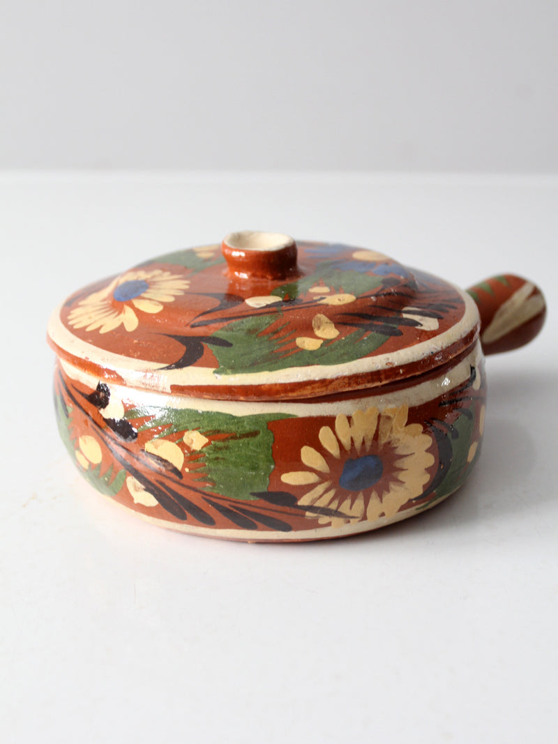 vintage Mexican redware covered bowl with handle