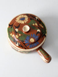 vintage Mexican redware covered bowl with handle