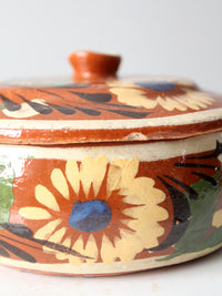 vintage Mexican redware covered bowl with handle