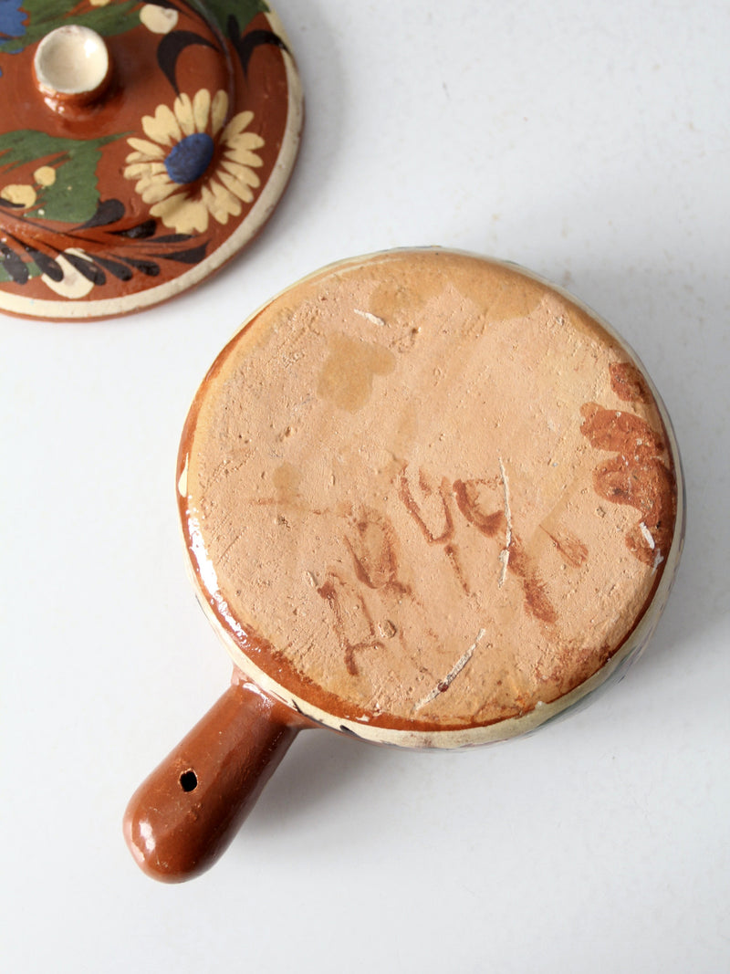 vintage Mexican redware covered bowl with handle