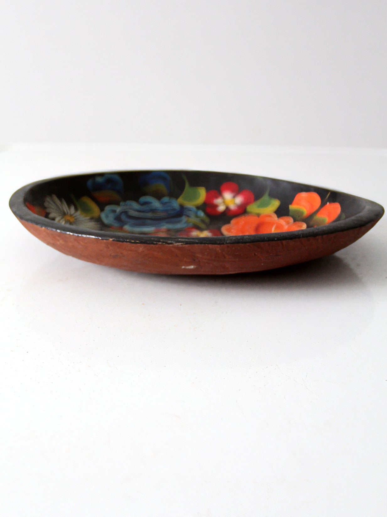 vintage hand-painted folk art floral wood bowl