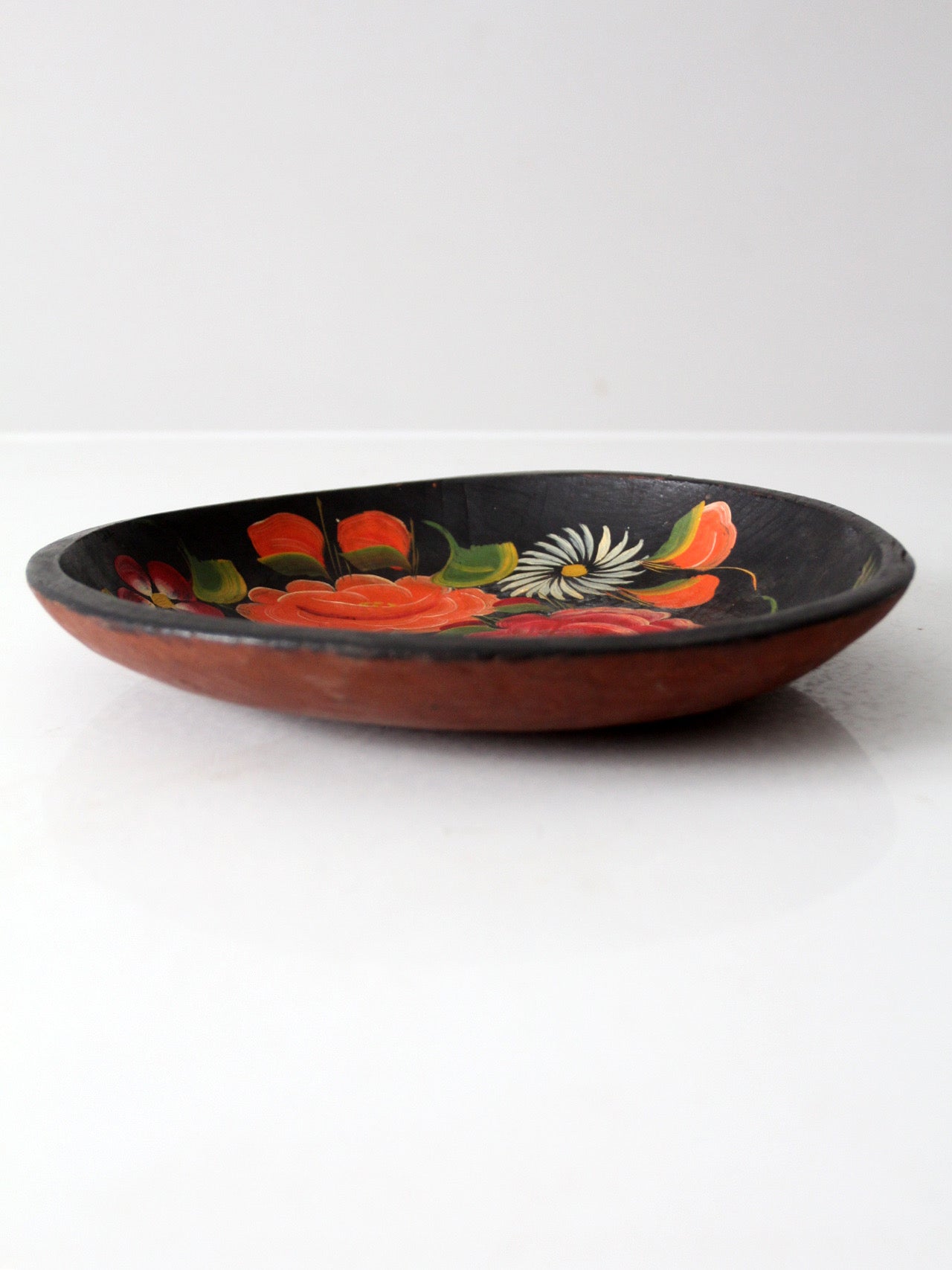 vintage hand-painted folk art floral wood bowl