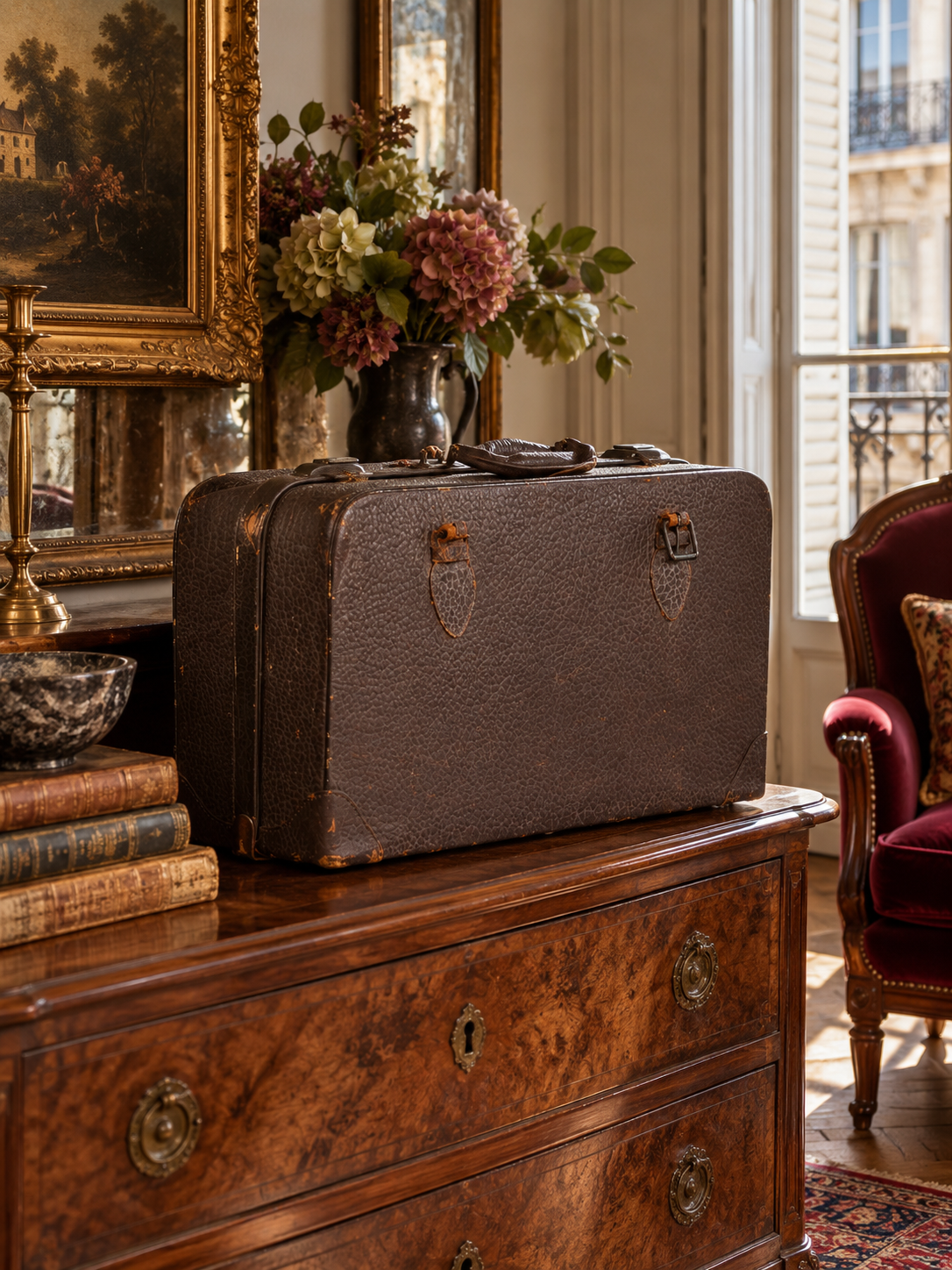 antique dark brown pebbled leather suitcase | circa 1930s–1940s