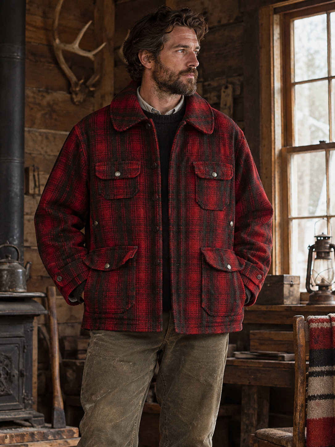 1940s Woolrich red and black plaid wool hunting jacket