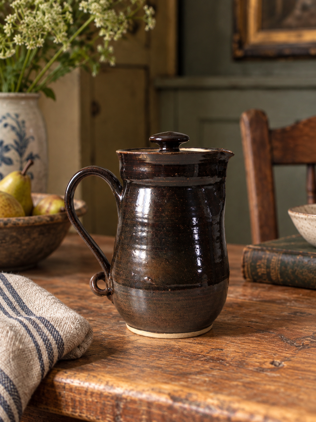 1970s handmade studio pottery lidded pitcher
