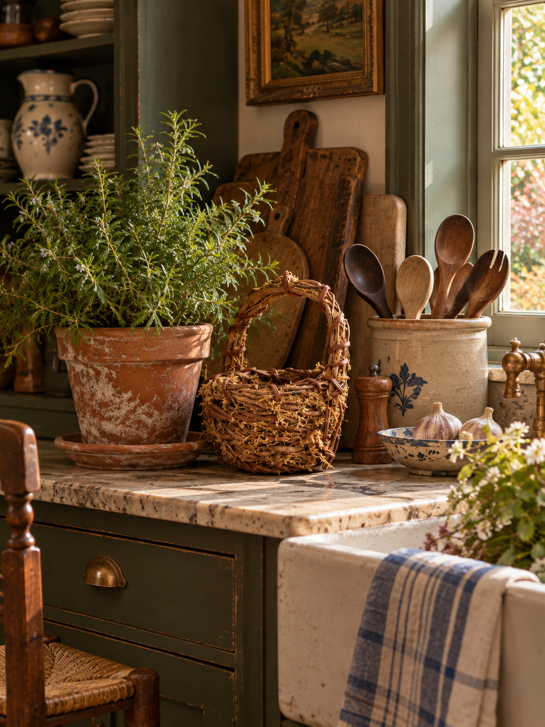vintage woven grapevine basket with moss
