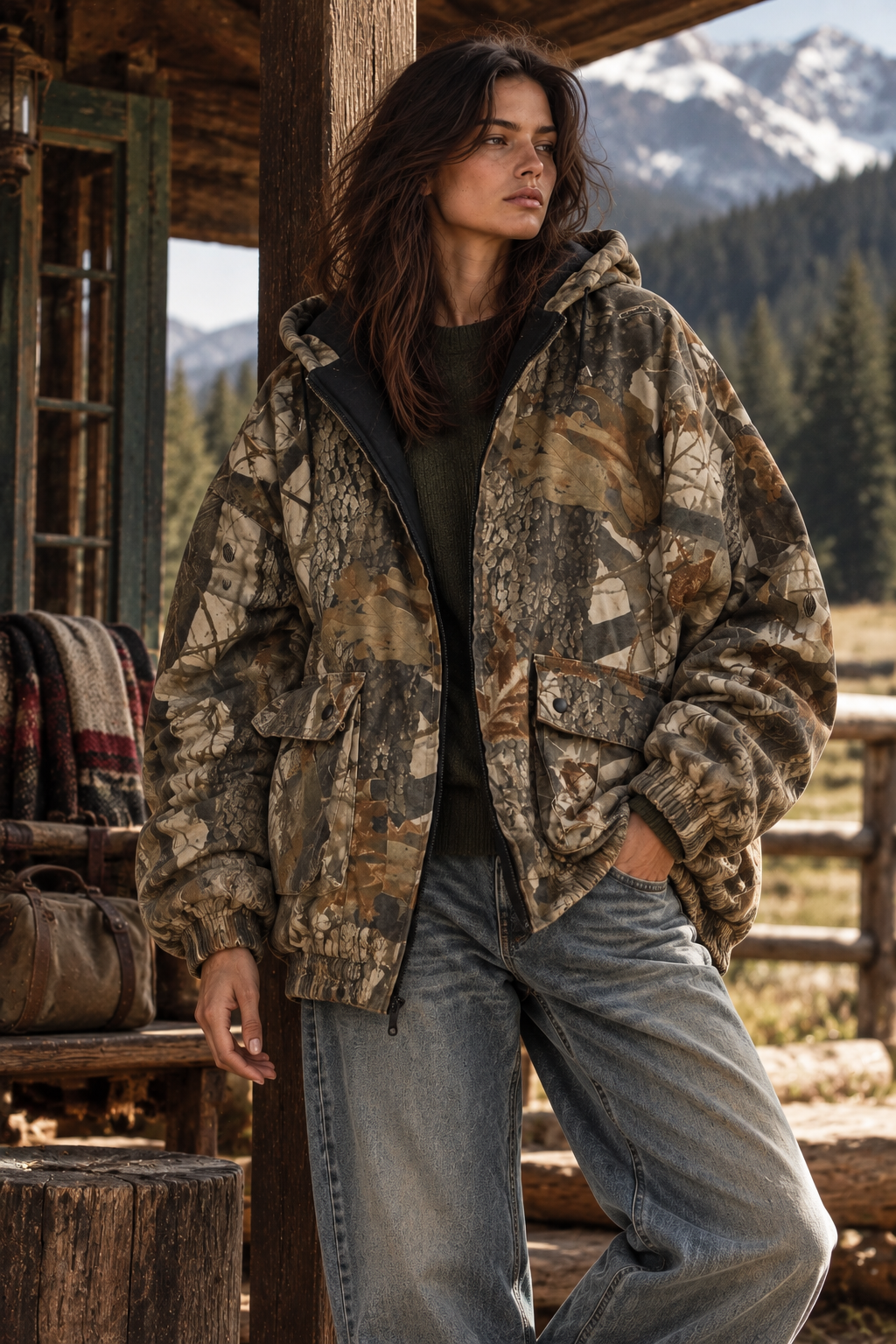 vintage Outfitters Ridge woodland camouflage hooded jacket | size large