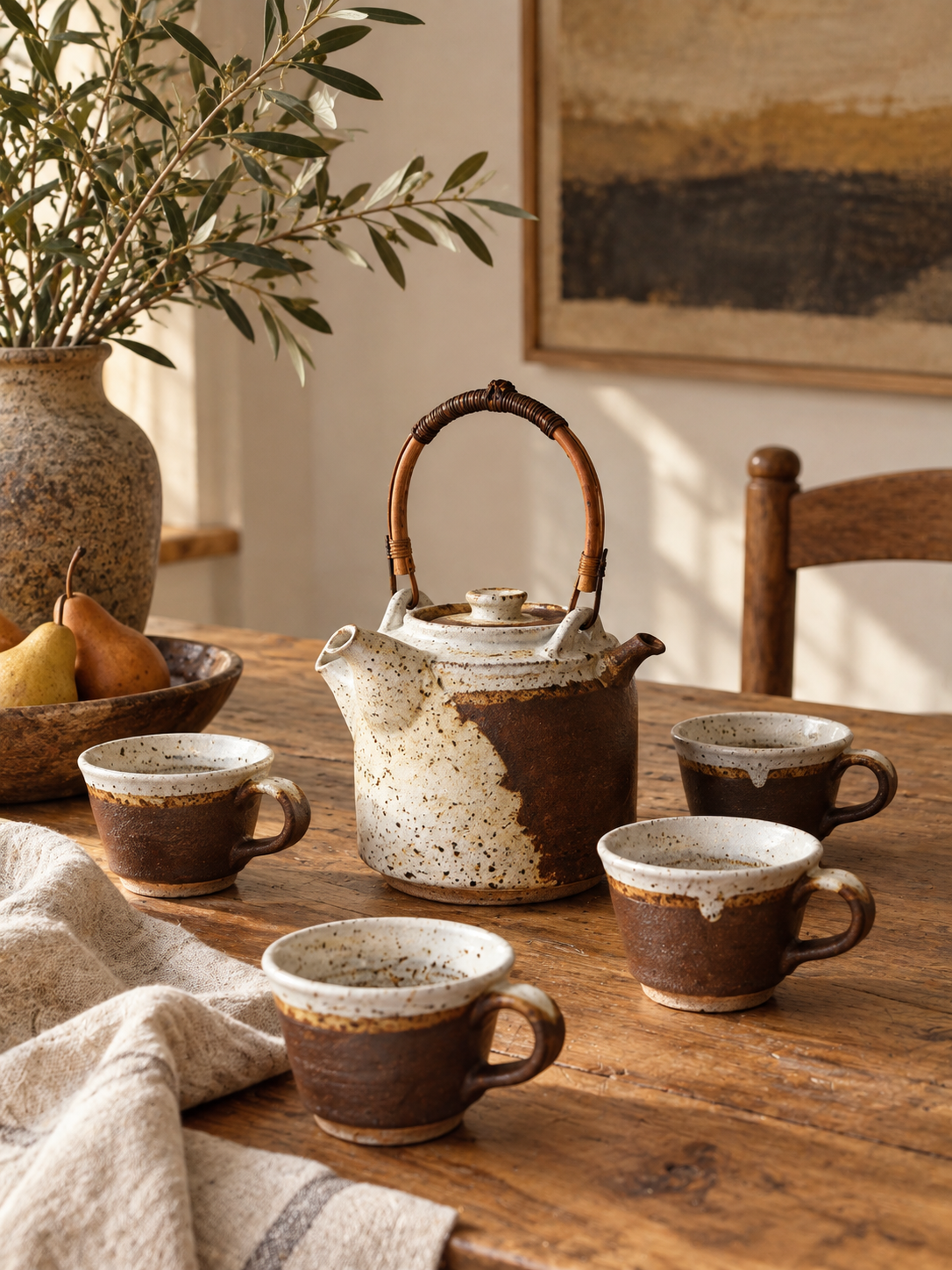 vintage handmade studio pottery teapot and four mugs