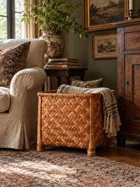 vintage geometric woven bamboo storage basket, circa 1970s