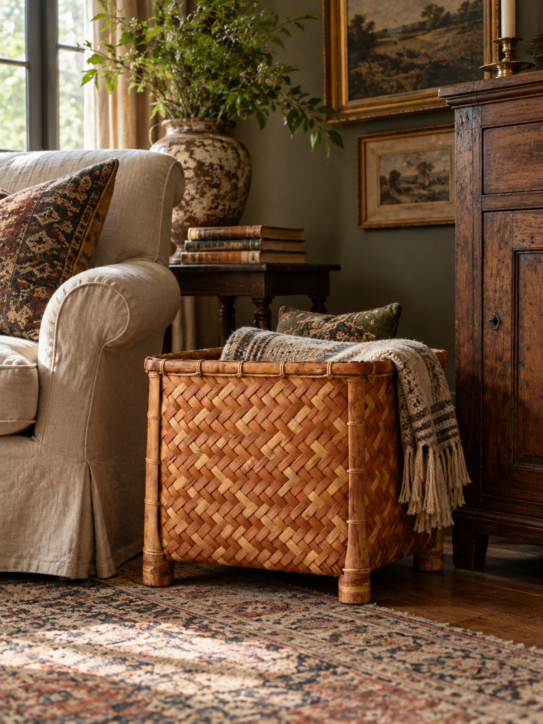 vintage geometric woven bamboo storage basket, circa 1970s