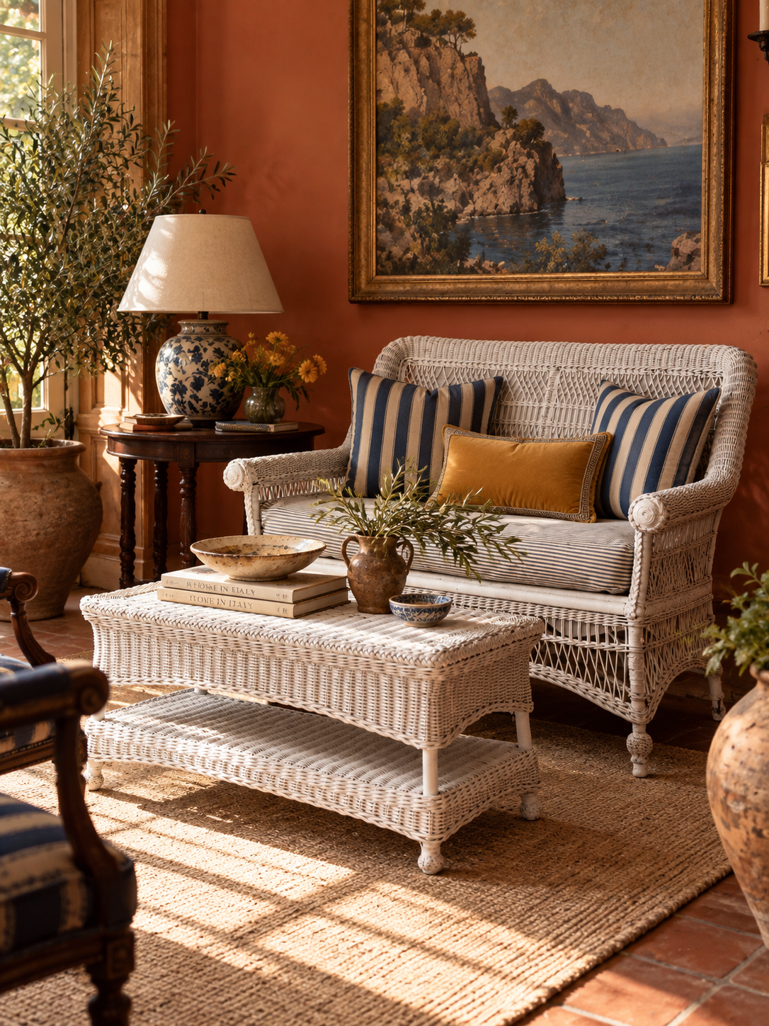 antique white wicker coffee table