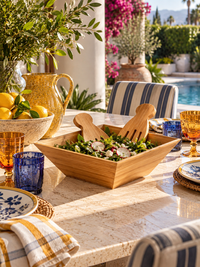 vintage bamboo salad serving bowl with hand-shaped servers