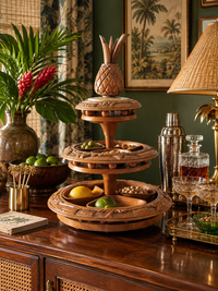 mid-century carved wood tiered lazy Susan with pineapple finial