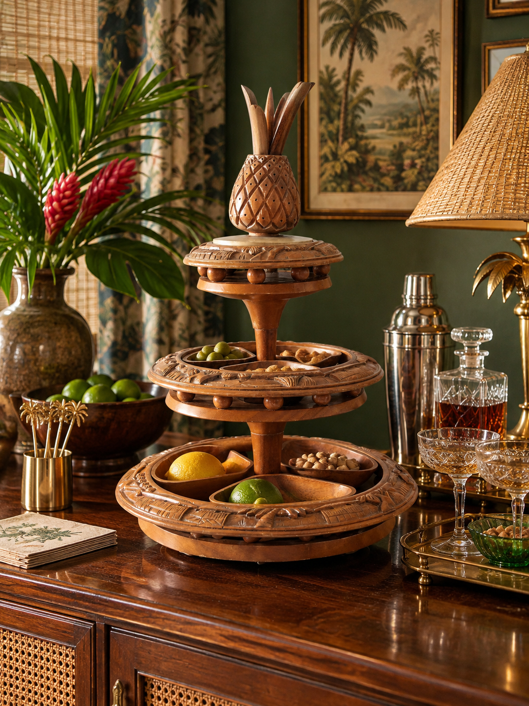 mid-century carved wood tiered lazy Susan with pineapple finial
