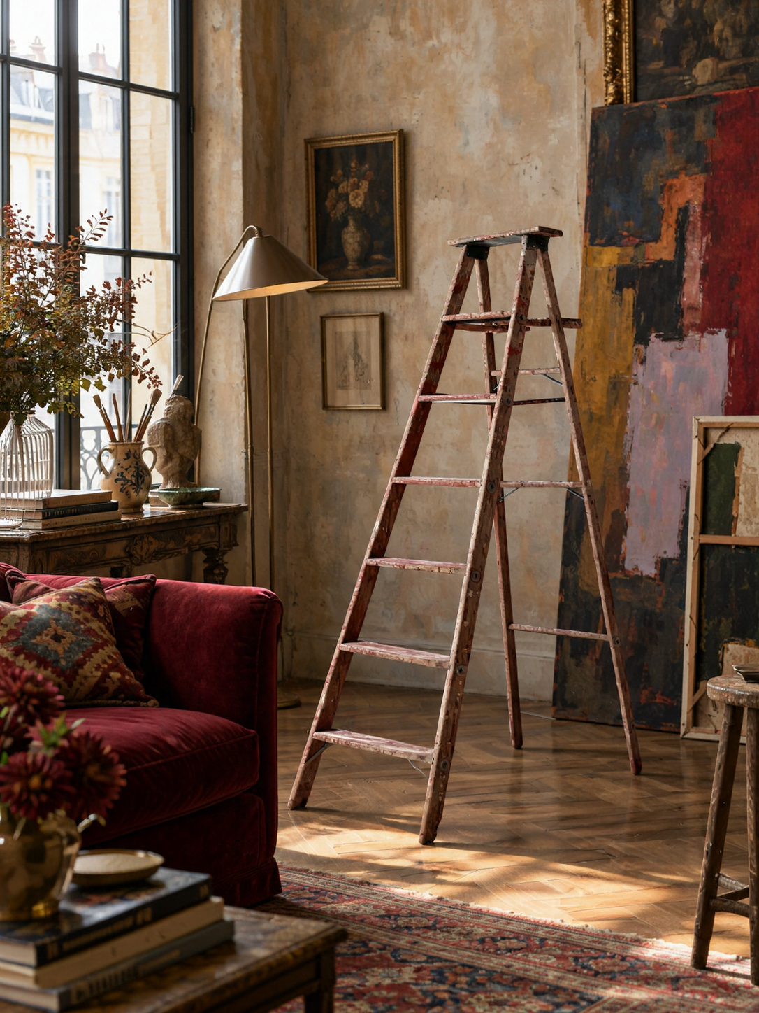 vintage red painted wooden A-frame folding ladder