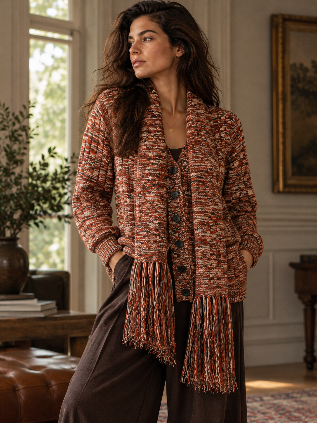 vintage 1970s marled knit cardigan with attached fringed scarf