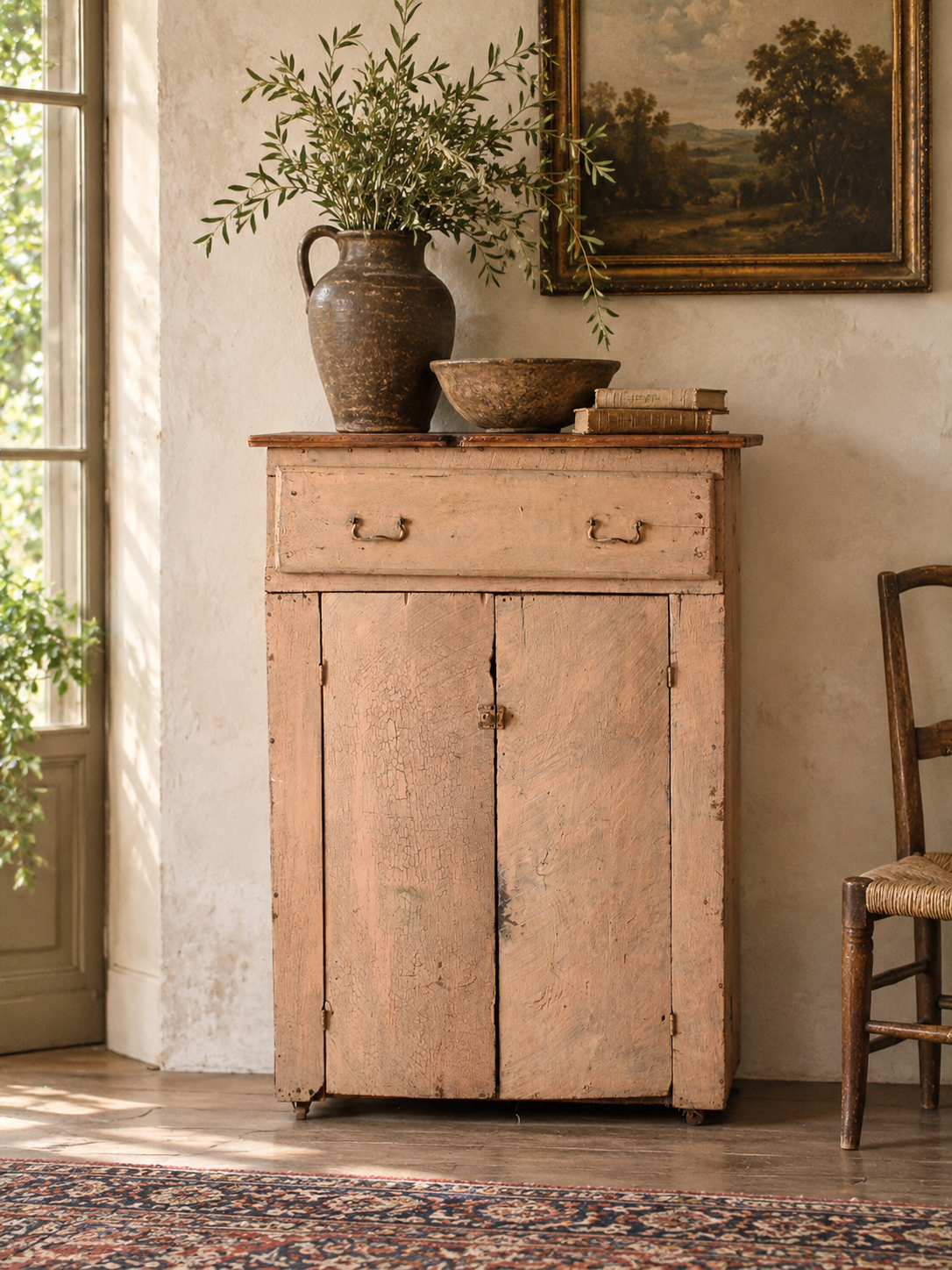 antique painted wood cupboard with drawer and double doors