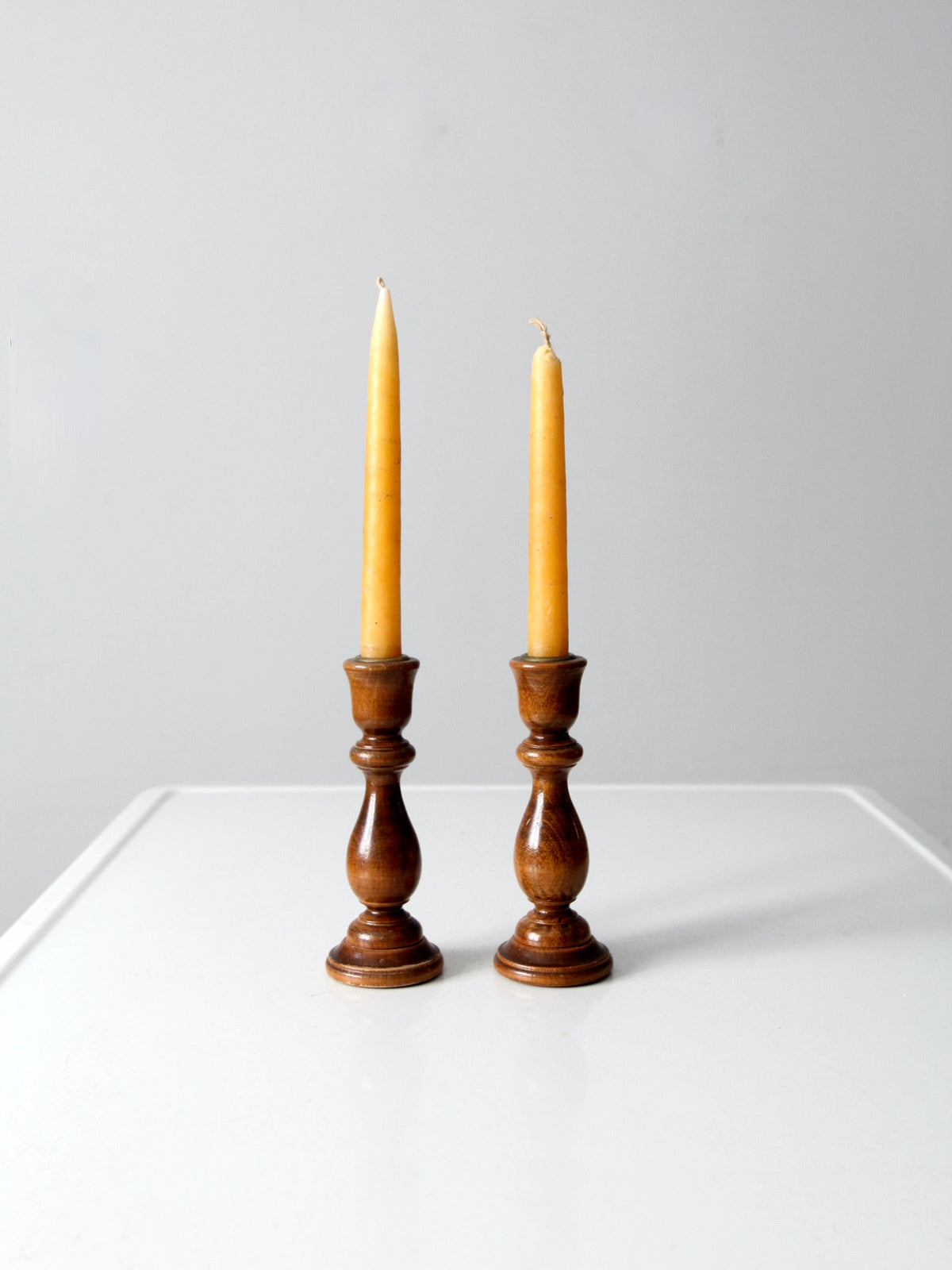 vintage wooden candlestick holders pair