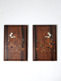 vintage etched wooden plaque wall hangings pair