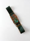vintage 80s green leather belt with brass art buckle