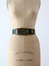 vintage 80s green leather belt with brass art buckle