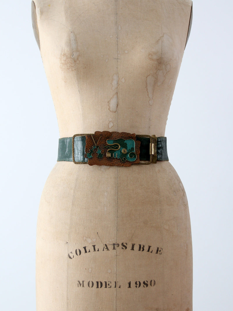 vintage 80s green leather belt with brass art buckle