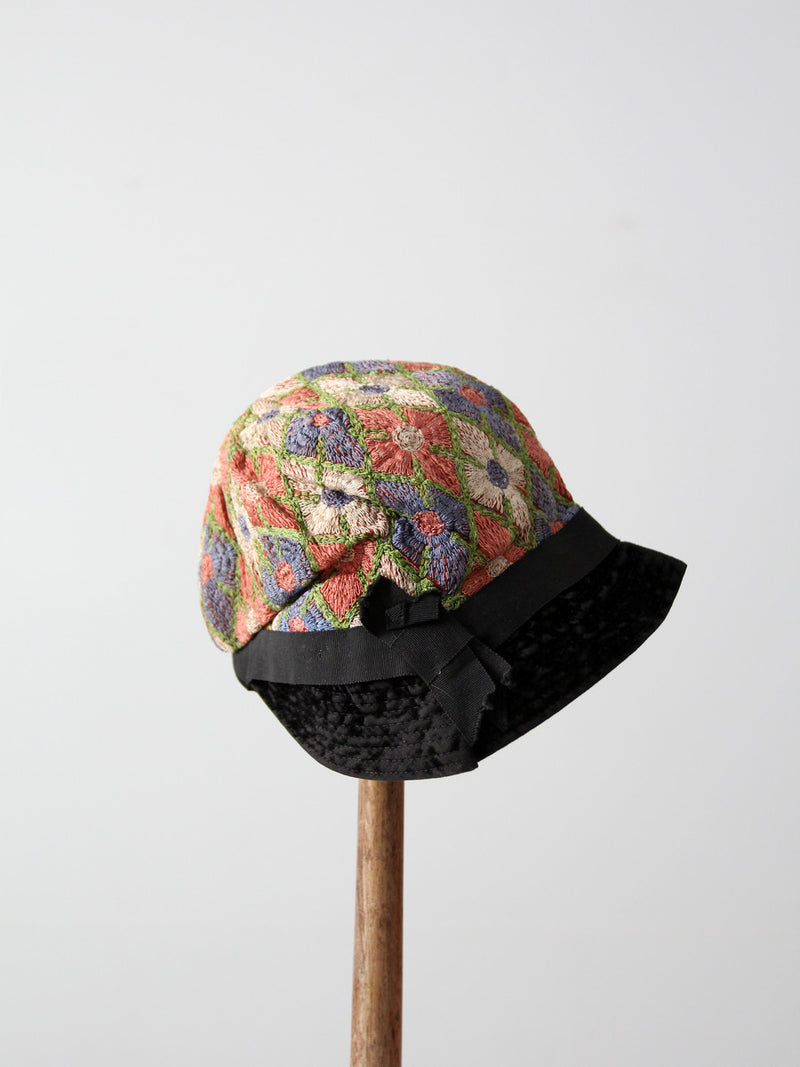 1920s embroidered cloche hat