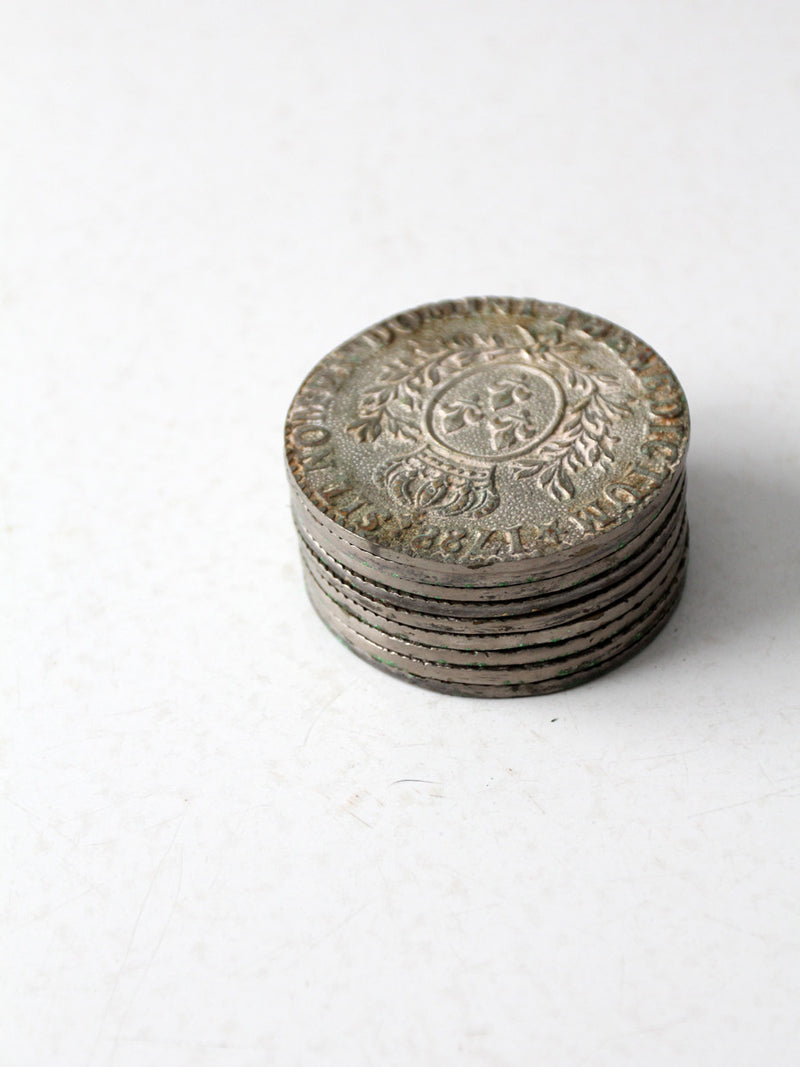 vintage 1788 sit nomen domini benedictum coin coaster set
