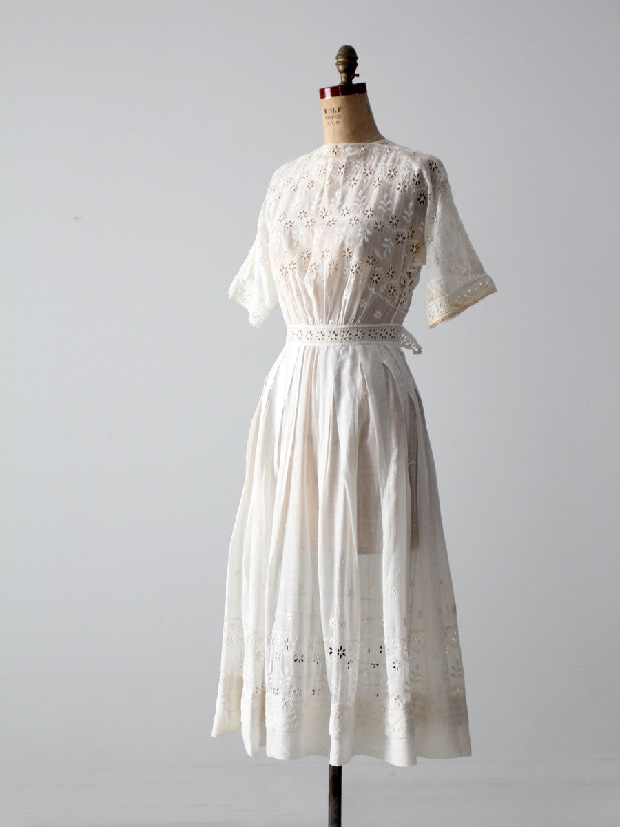 white edwardian dress Antique 1900s Cotton Lace (M)  dry vtg and half sleeves antique Edwardian dress  86