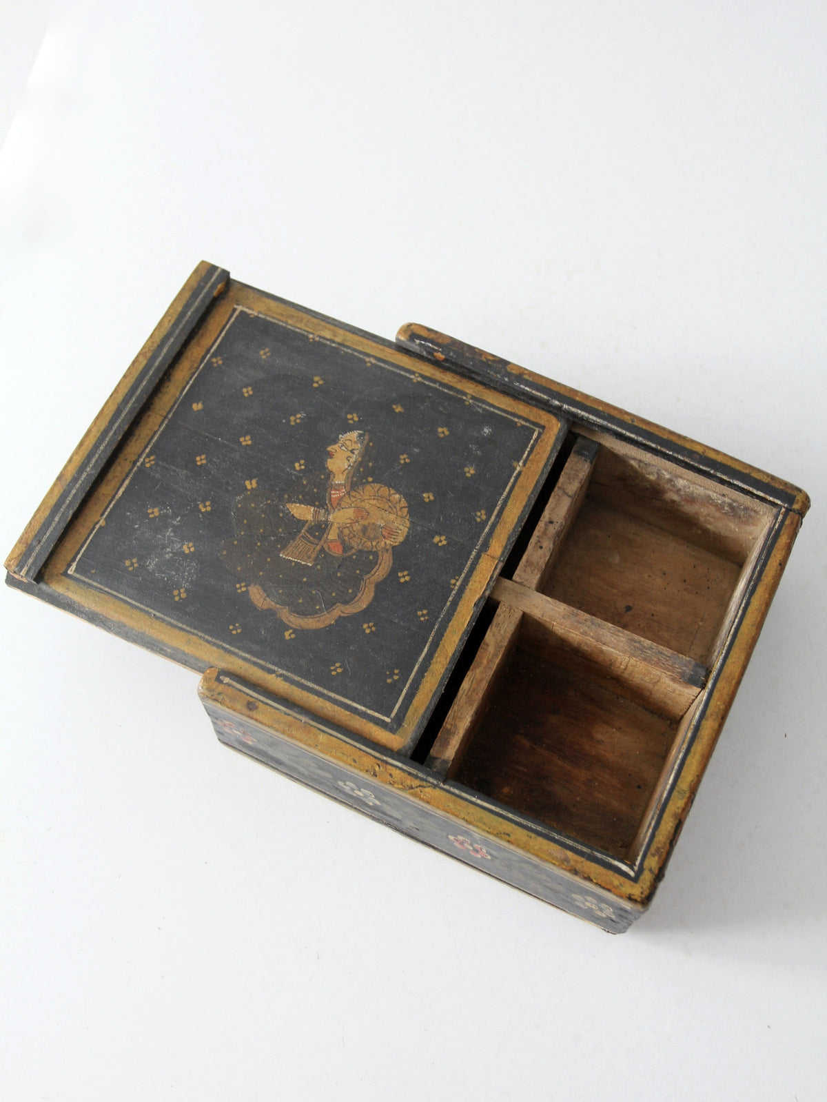 vintage painted wooden slide top box