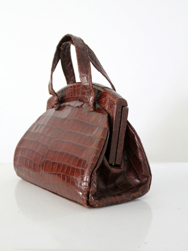 1950's-60's Chocolate Brown HERMES Style CROCODILE Caiman Belly Skin Handbag