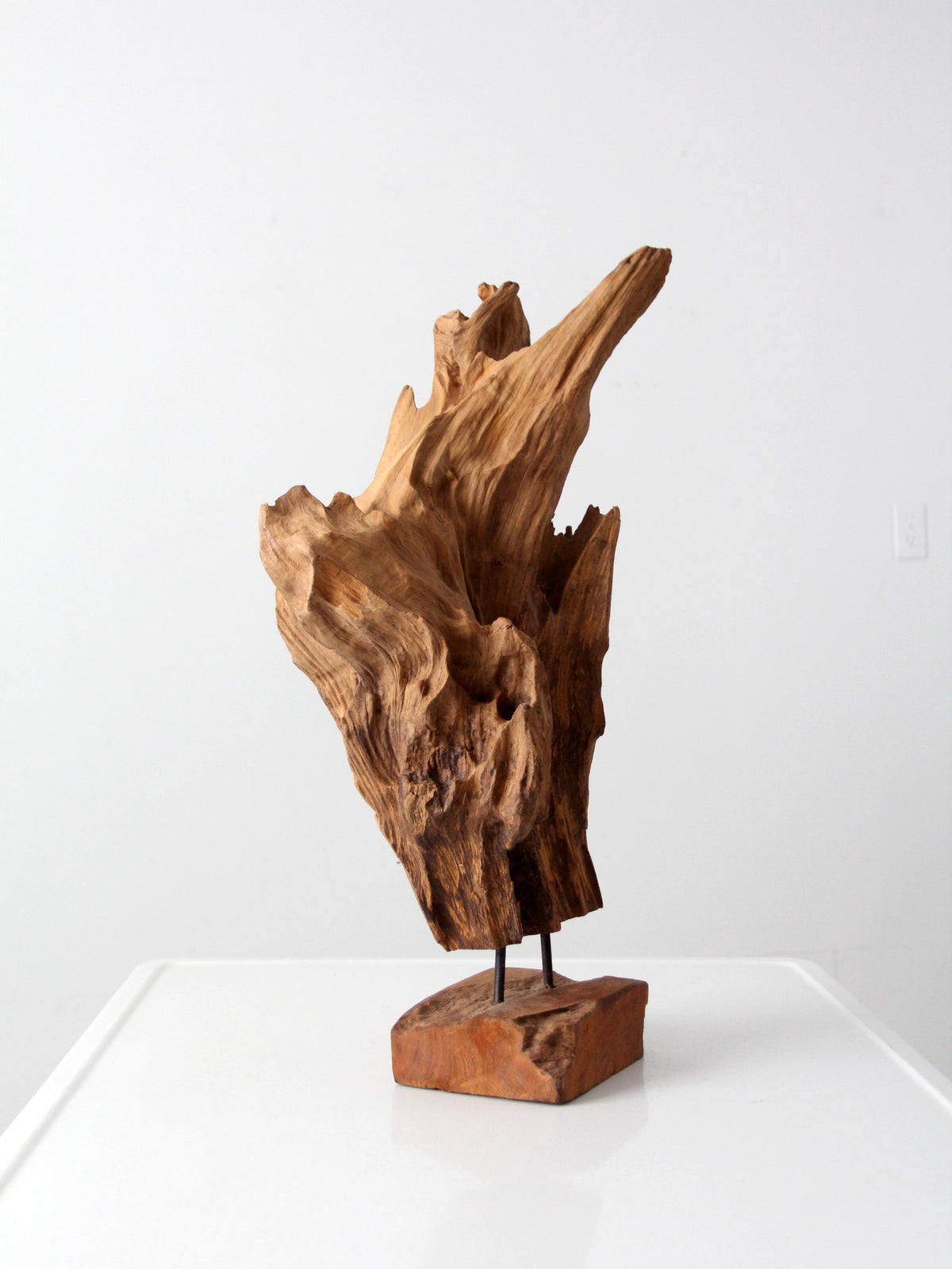 mid-century wood sculpture on stand