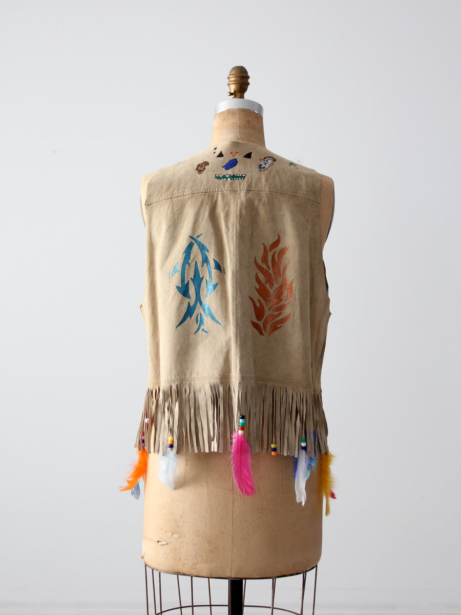 vintage painted leather vest with feathers