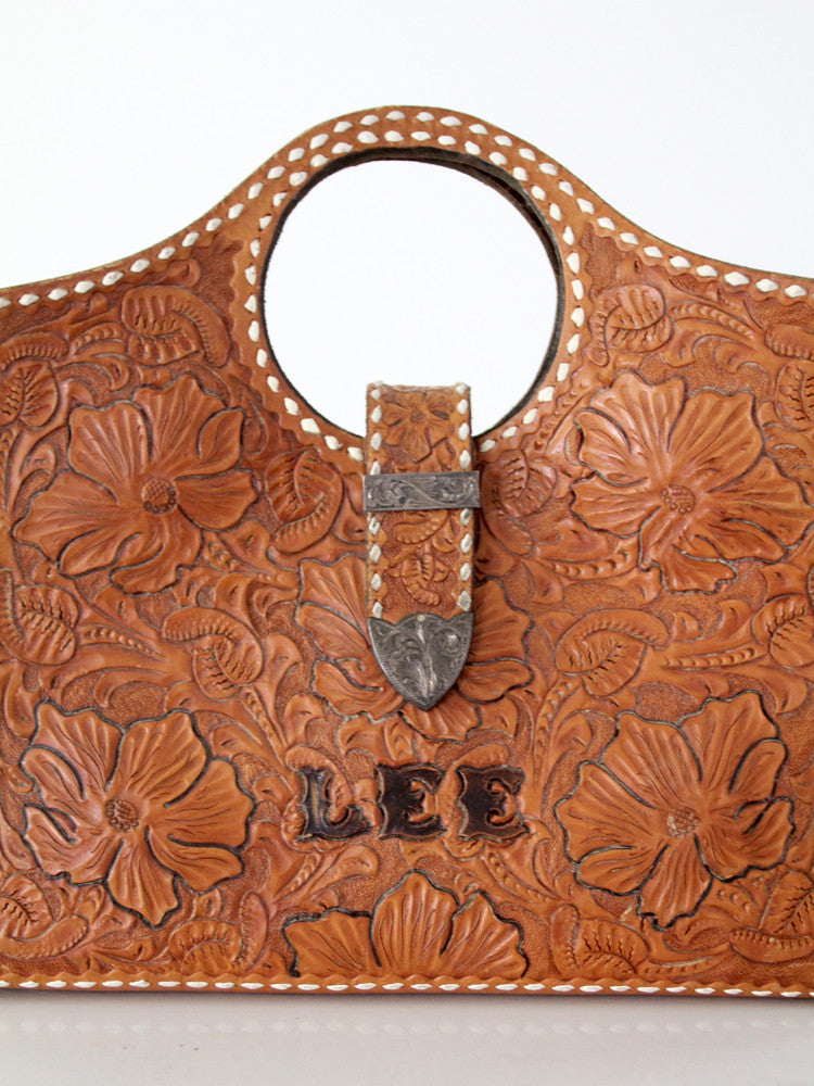 vintage 50s tooled leather handbag
