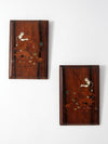 vintage etched wooden plaque wall hangings pair