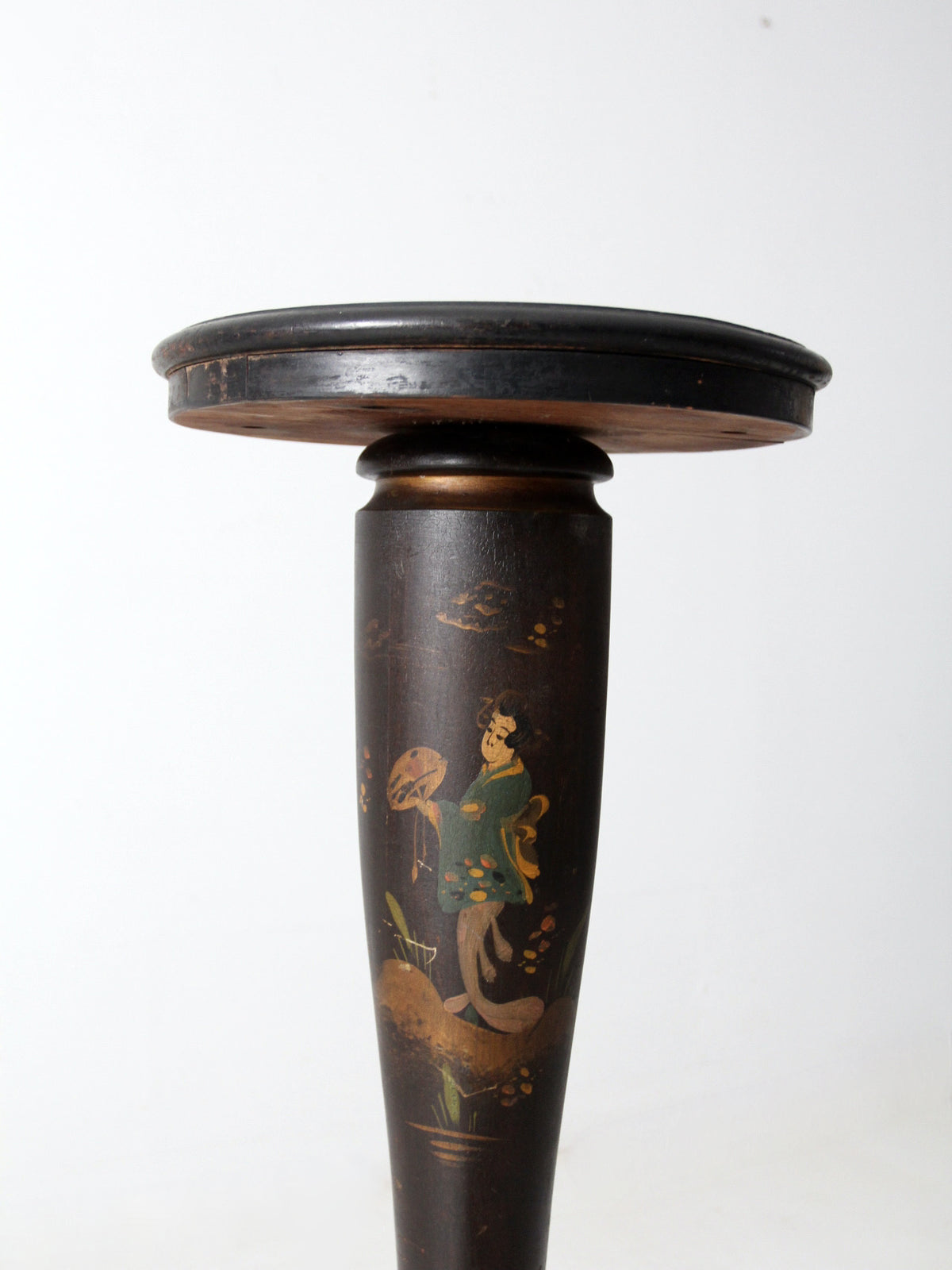 antique plant stand pedestal table with painted Asian scene