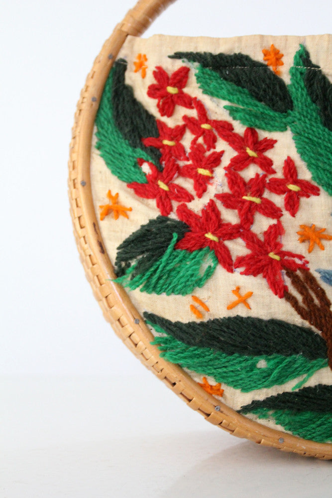 vintage 60s embroidered basket bag