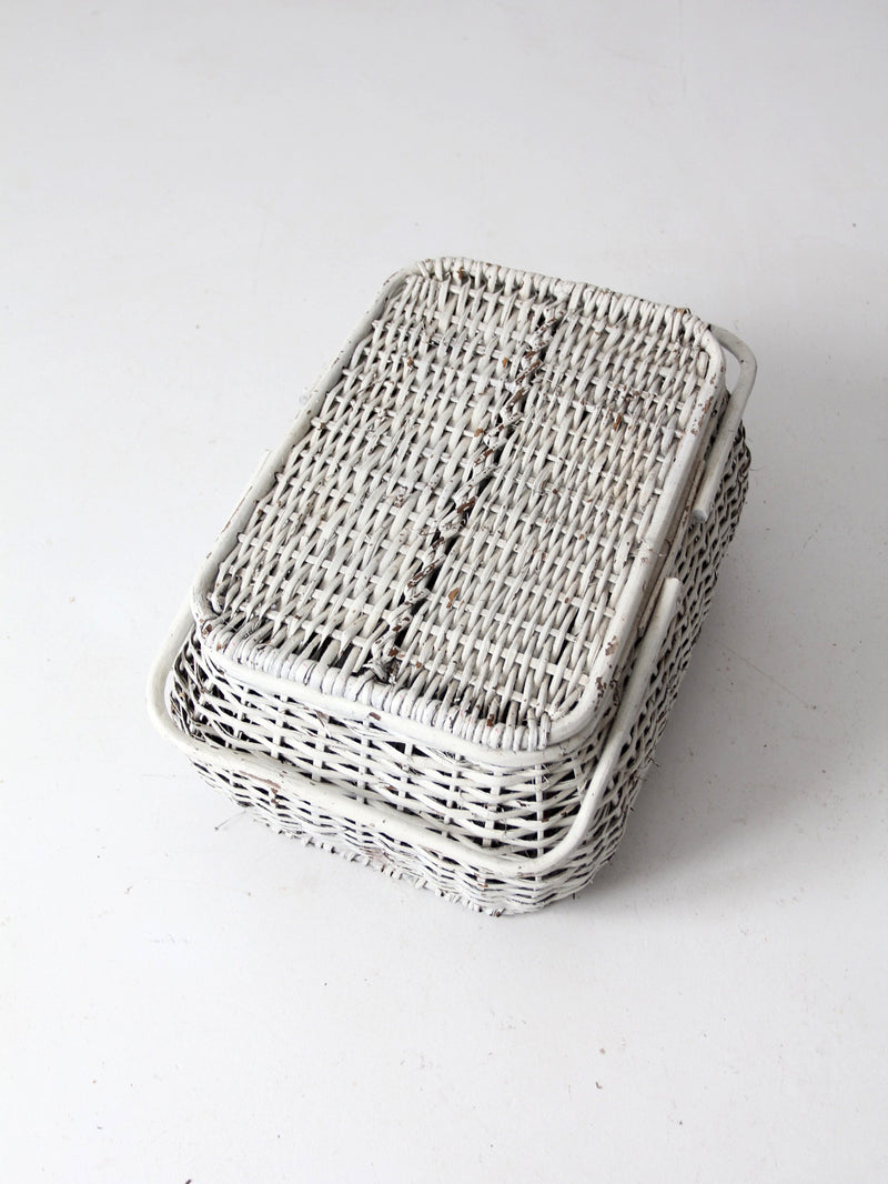vintage white wicker picnic basket