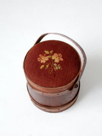 antique firkin with needlepoint lid