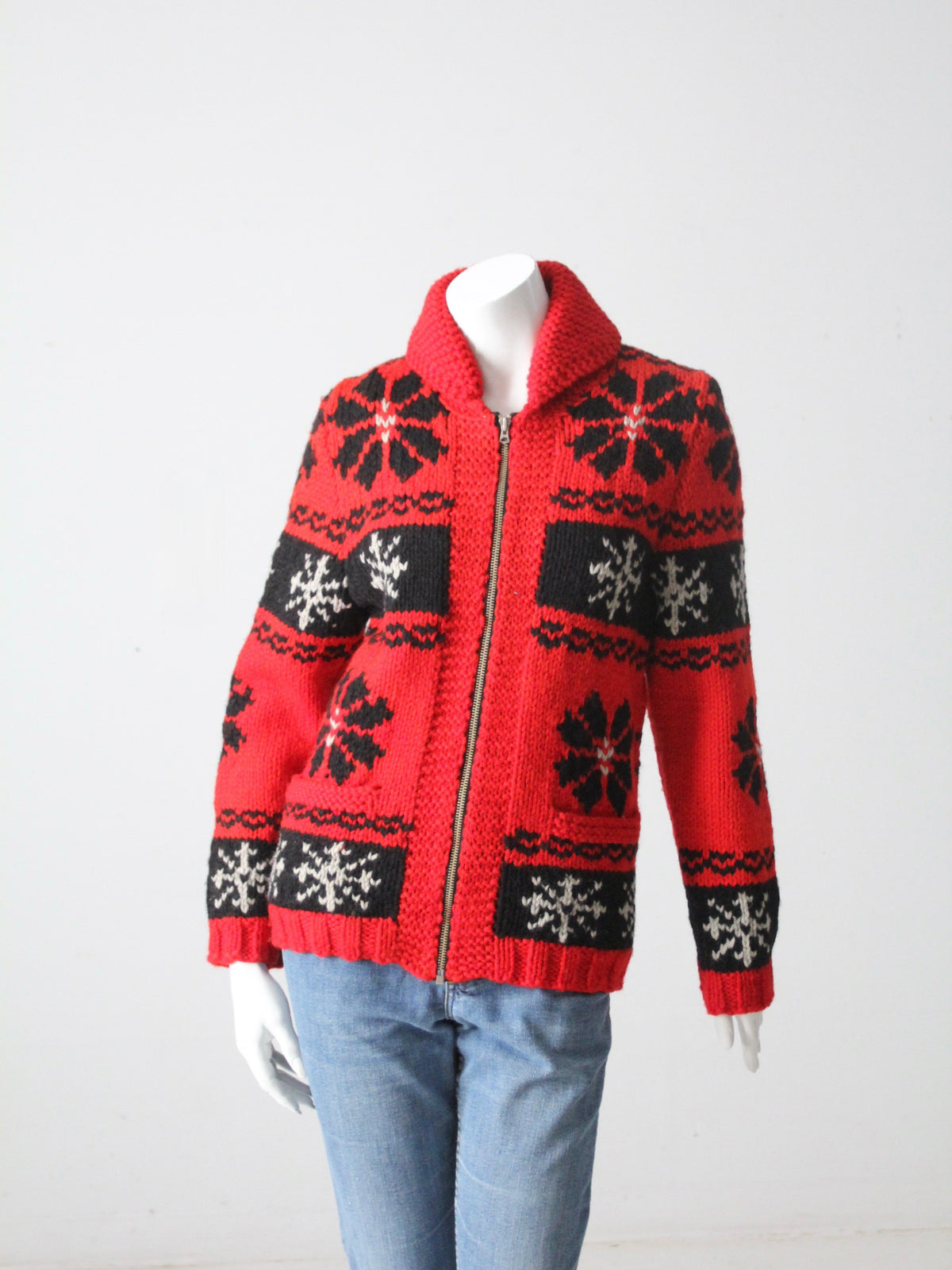 vintage red snowflake cowichan sweater