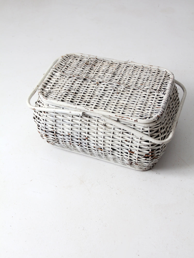 vintage white wicker picnic basket